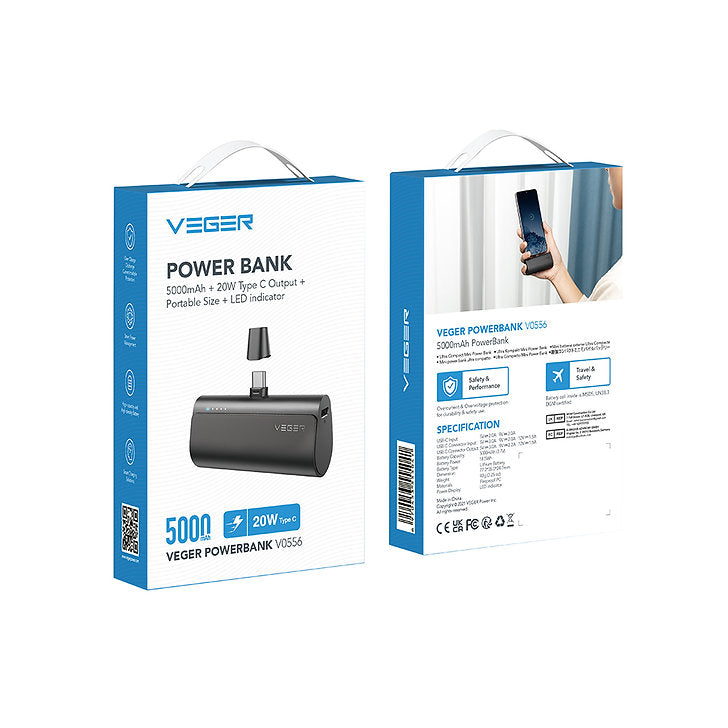 VEGER Power Bank Mini 5000mAh V0556 με βύσμα USB-C - Μαύρο