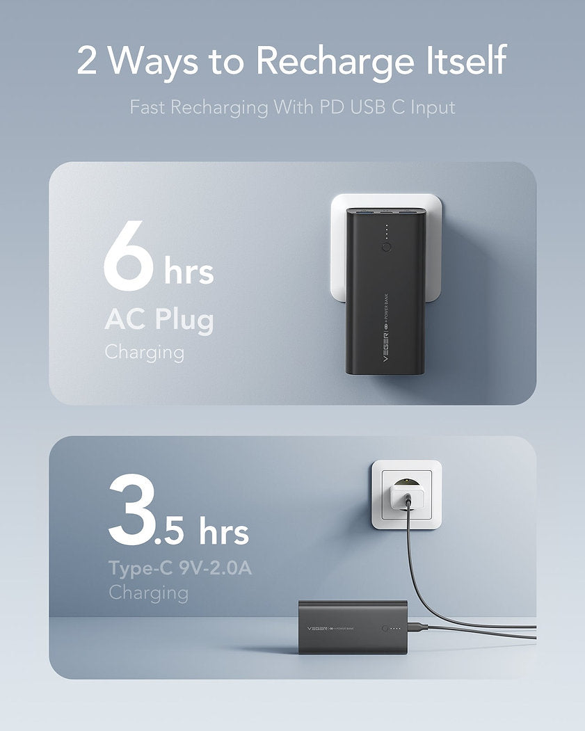 VEGER Power Bank ACE100 10000mAh 20W με 2 Θύρες USB-A και Θύρα USB-C Power Delivery / Quick Charge 3.0 Μαύρο