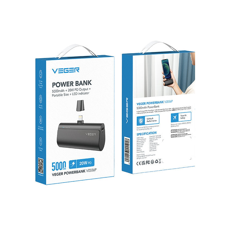 VEGER Power Bank Mini 5000mAh V0556P με βύσμα Lightning για Apple Συσκευές - Μαύρο