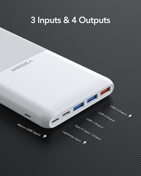 S22 - Portable Battery Charger with 3 x USB-A / 1 x Type-C - 20000mAh - White