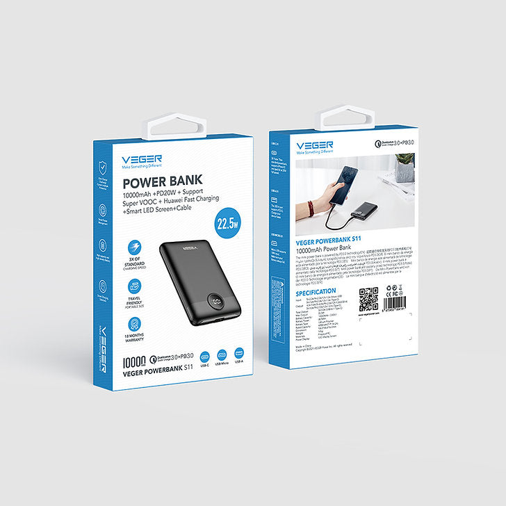 Veger Power Bank VP1140 10000mAh 20W με Θύρα USB-A και Θύρα USB-C Quick Charge 3.0 / Power Delivery - Μαύρο