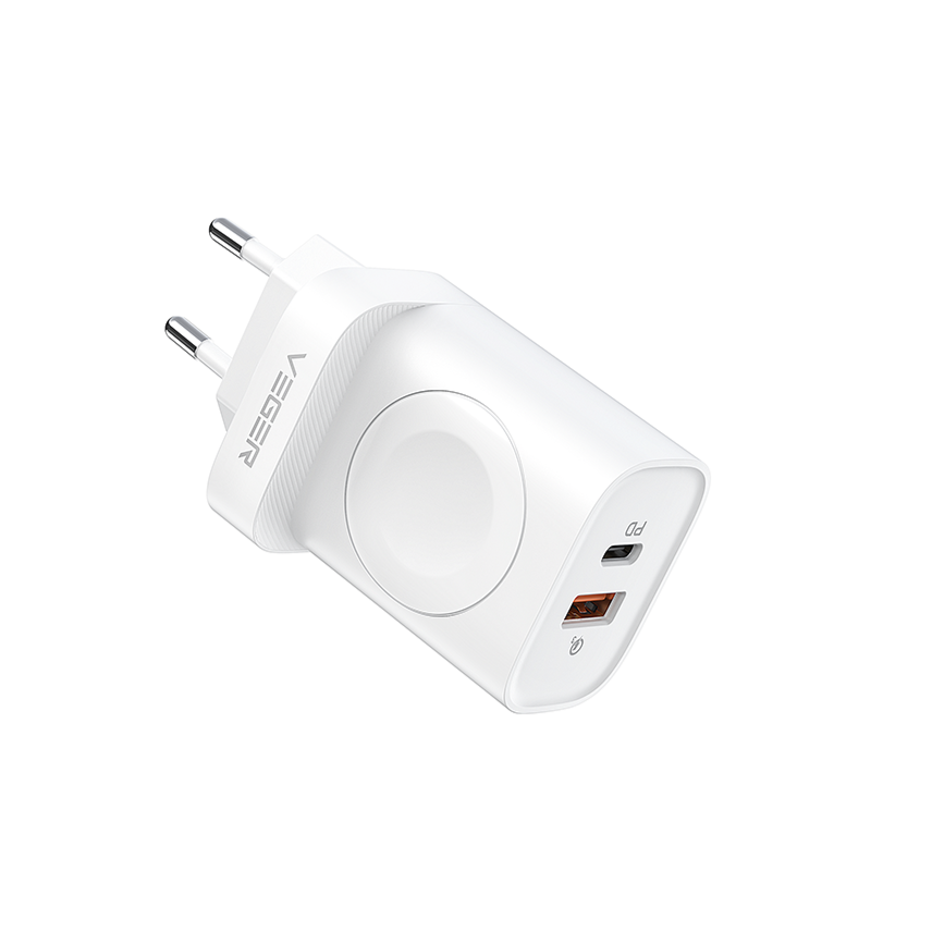 VEGER W002E 22.5W Wall Charger with 2 USB Type-C and USB-A Ports and Apple Watch Wireless Charging - White 