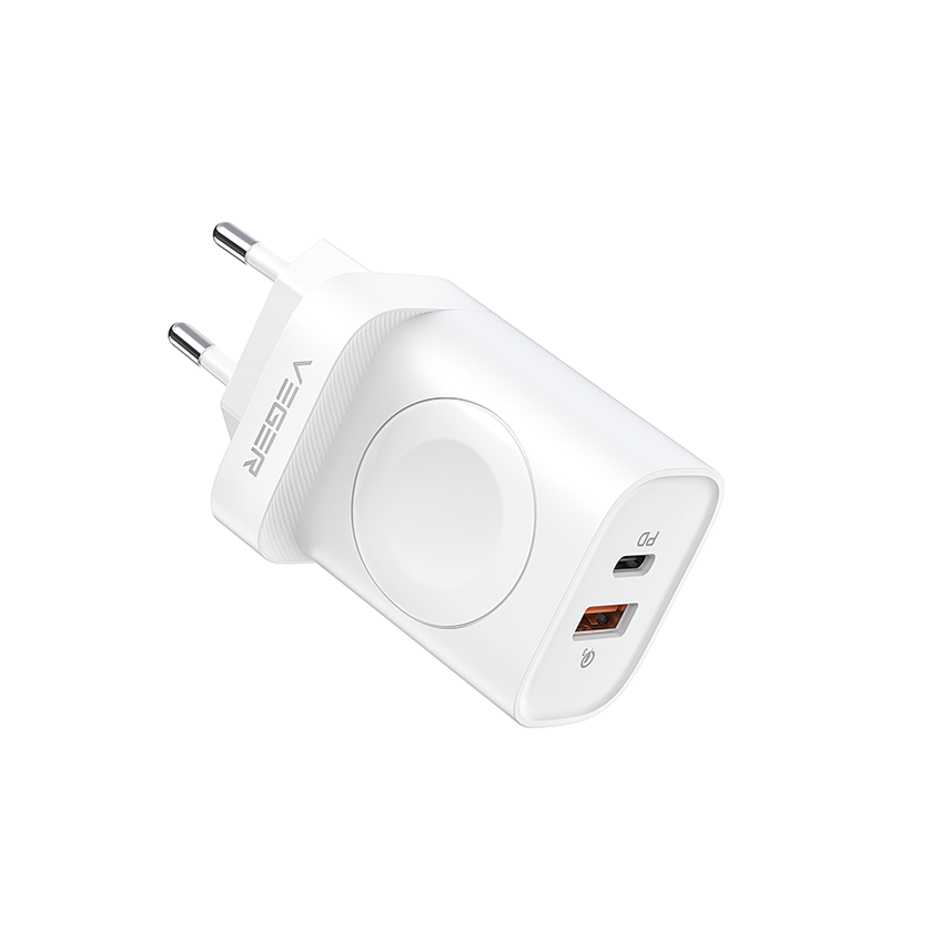 Φορτιστής Τοίχου VEGER W002E 22.5W με 2 θύρες USB Type-C και USB-A και ασύρματη φόρτιση Apple Watch - Λευκό - iThinksmart.gr