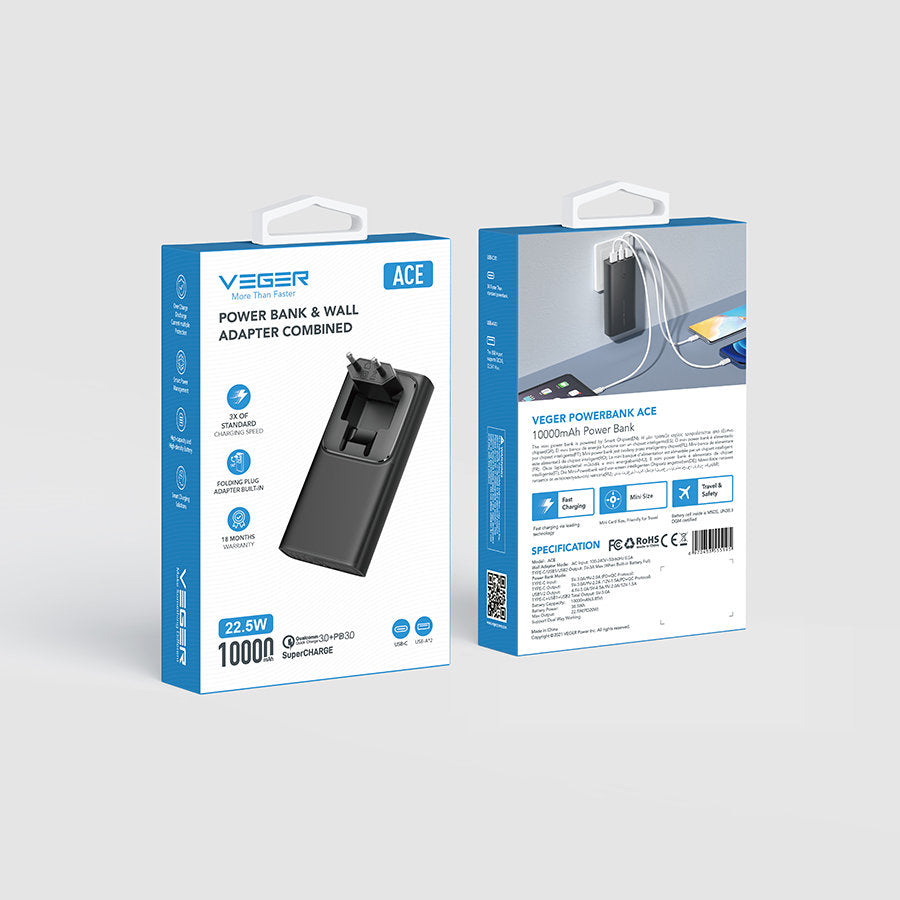 VEGER Power Bank ACE100 10000mAh 20W με 2 Θύρες USB-A και Θύρα USB-C Power Delivery / Quick Charge 3.0 Μαύρο