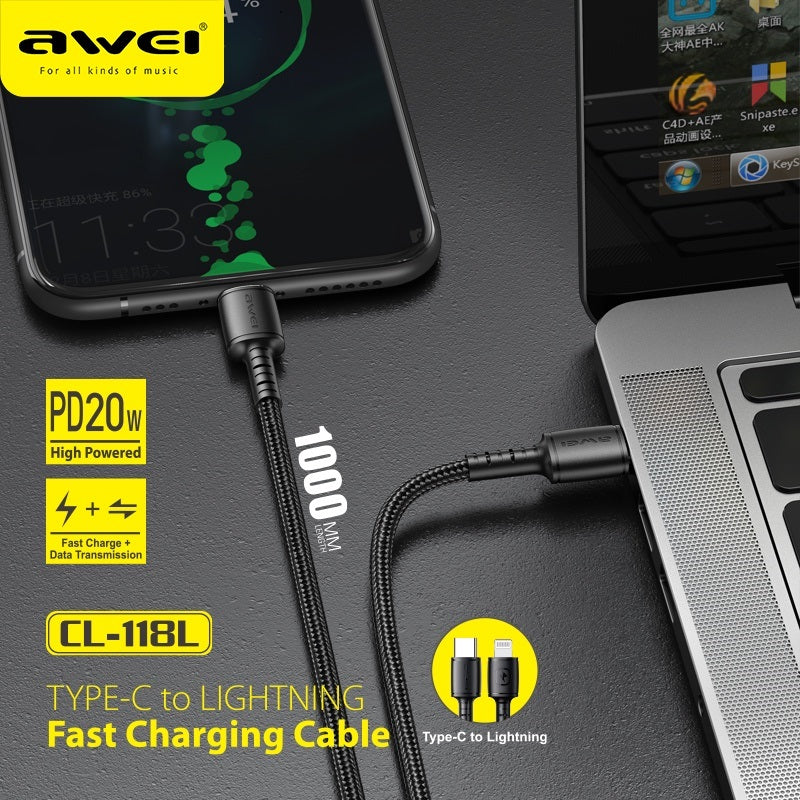 Καλώδιο φόρτισης & data - Type-C σε Lightning - CL-118L - 20W - AWEI - 887950 - iThinksmart.gr