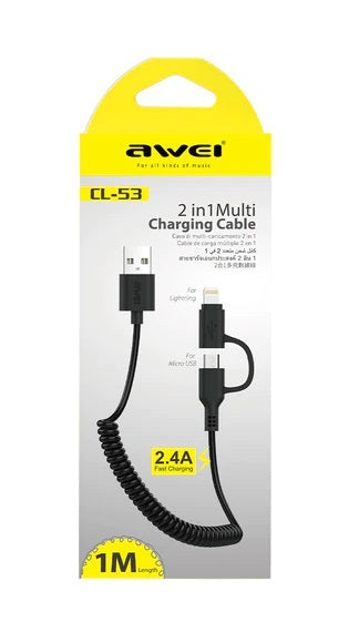 Καλώδιο φόρτισης & data 2in1 σπιράλ - Micro USB & Lightning - CL-53 - 1m - AWEI - 888209