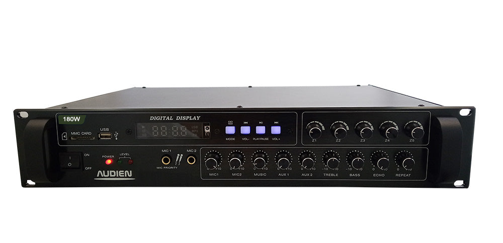 Audien M15600/180 Final Microphone Amplifier with 5 Zones 180W/100V and USB/FM/Bluetooth Connections