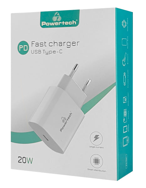 Travel Charger 20W with USB Type C Port - POWERTECH PT-923, 3A - White