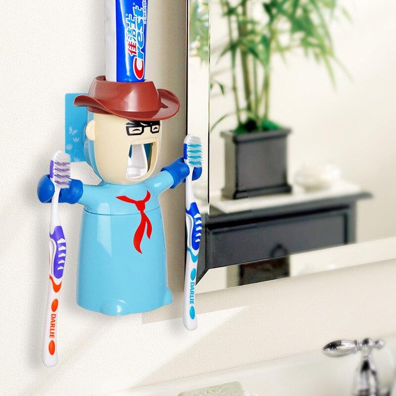 Wall Mounted Toothpaste Dispenser with 2 Toothbrush Holders - Cowboy Blue