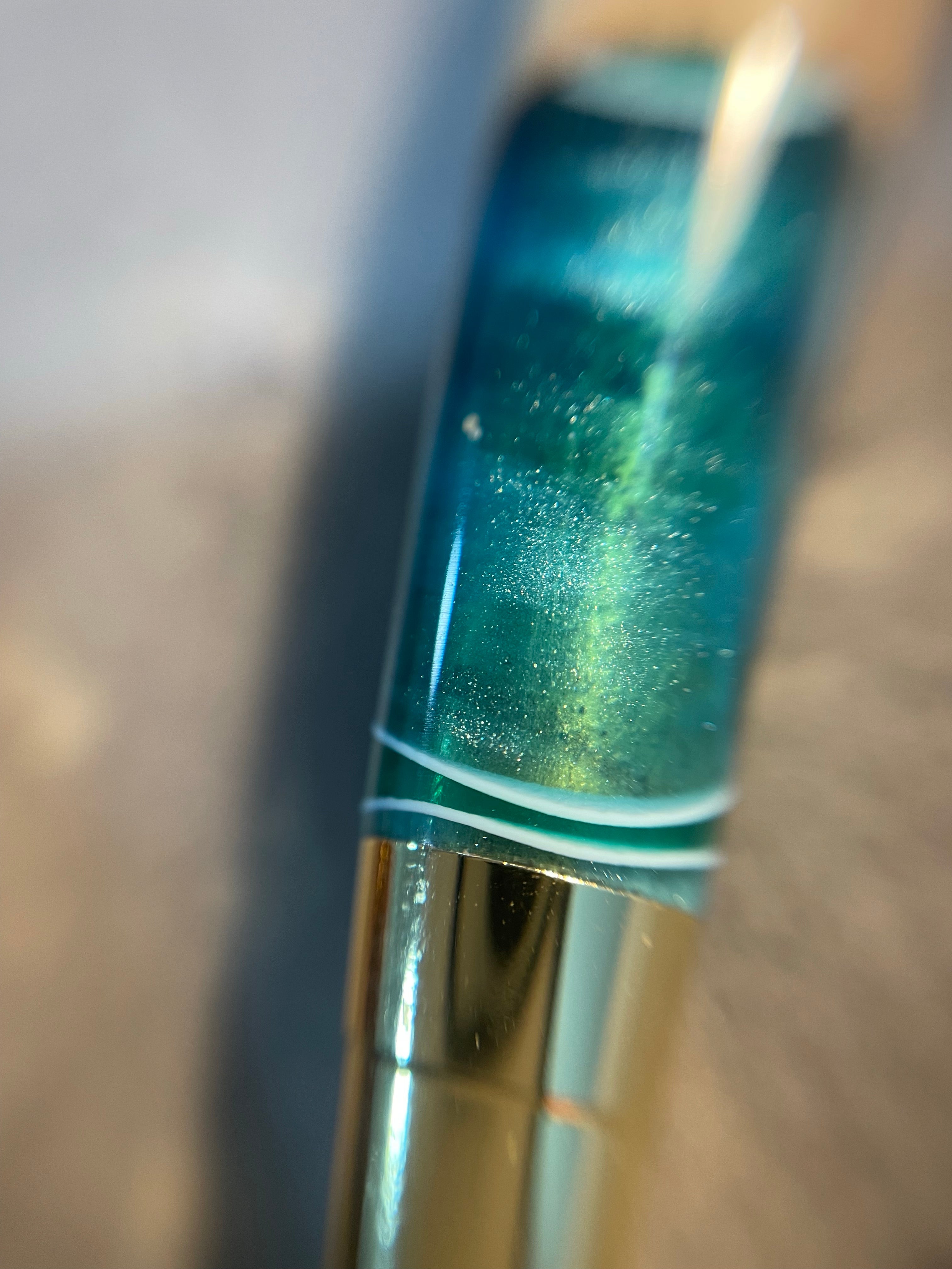 Handmade Olive Wood &amp; Turquoise Liquid Glass Pen with Gold Details - EndlessWood