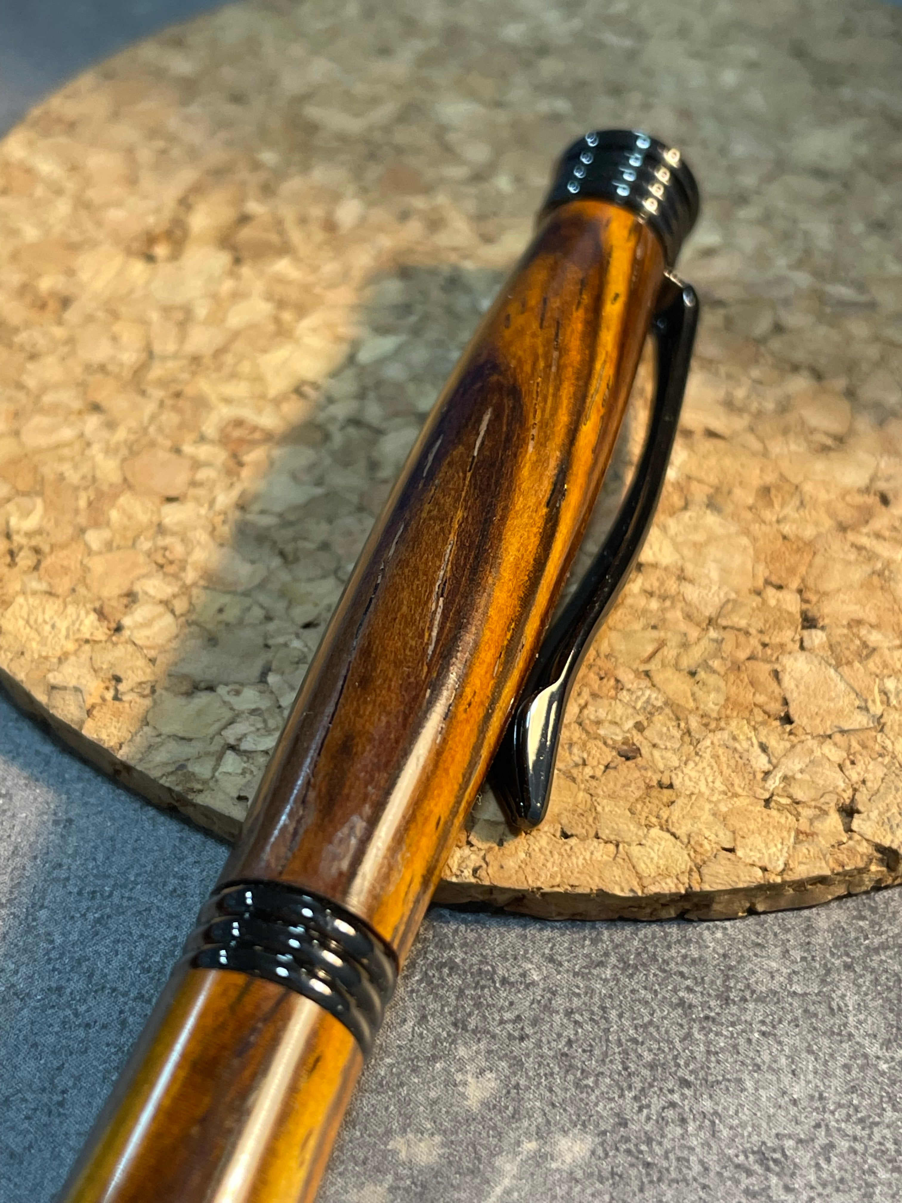 Handmade Wooden Pen from Rare Cocobolo Wood and Charcoal Details - EndlessWood