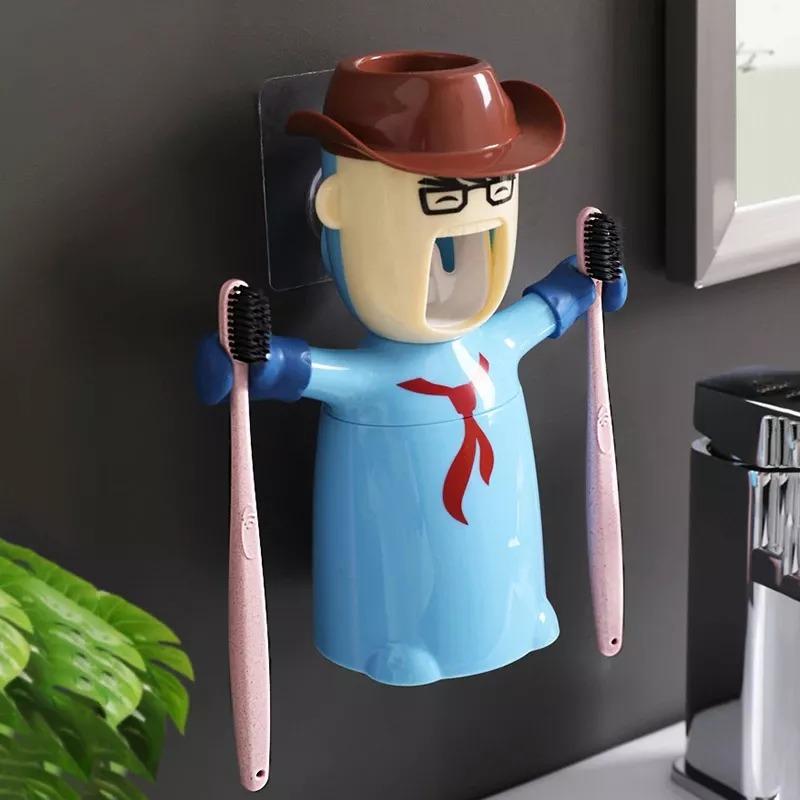 Wall Mounted Toothpaste Dispenser with 2 Toothbrush Holders - Cowboy Blue