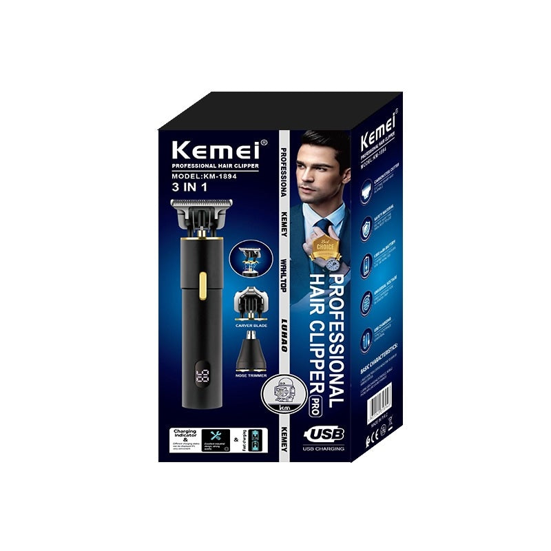 Kemei Rechargeable Hair Clipper - Shaver 3IN1 with extra heads for details and nose KM-1894 - Black 